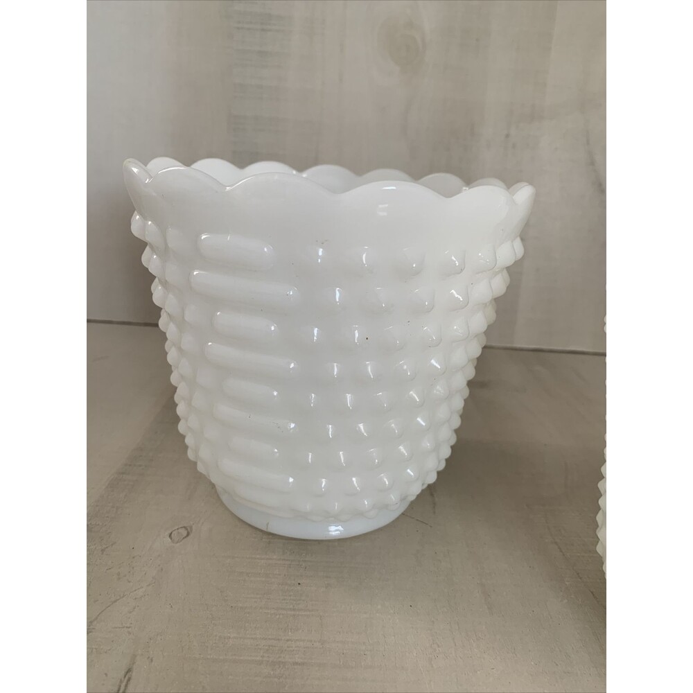 Vintage 2 Fire King Oven Ware White Milk Glass Hobnail Scallop Edge Bowl Vases - Picture 3 of 10